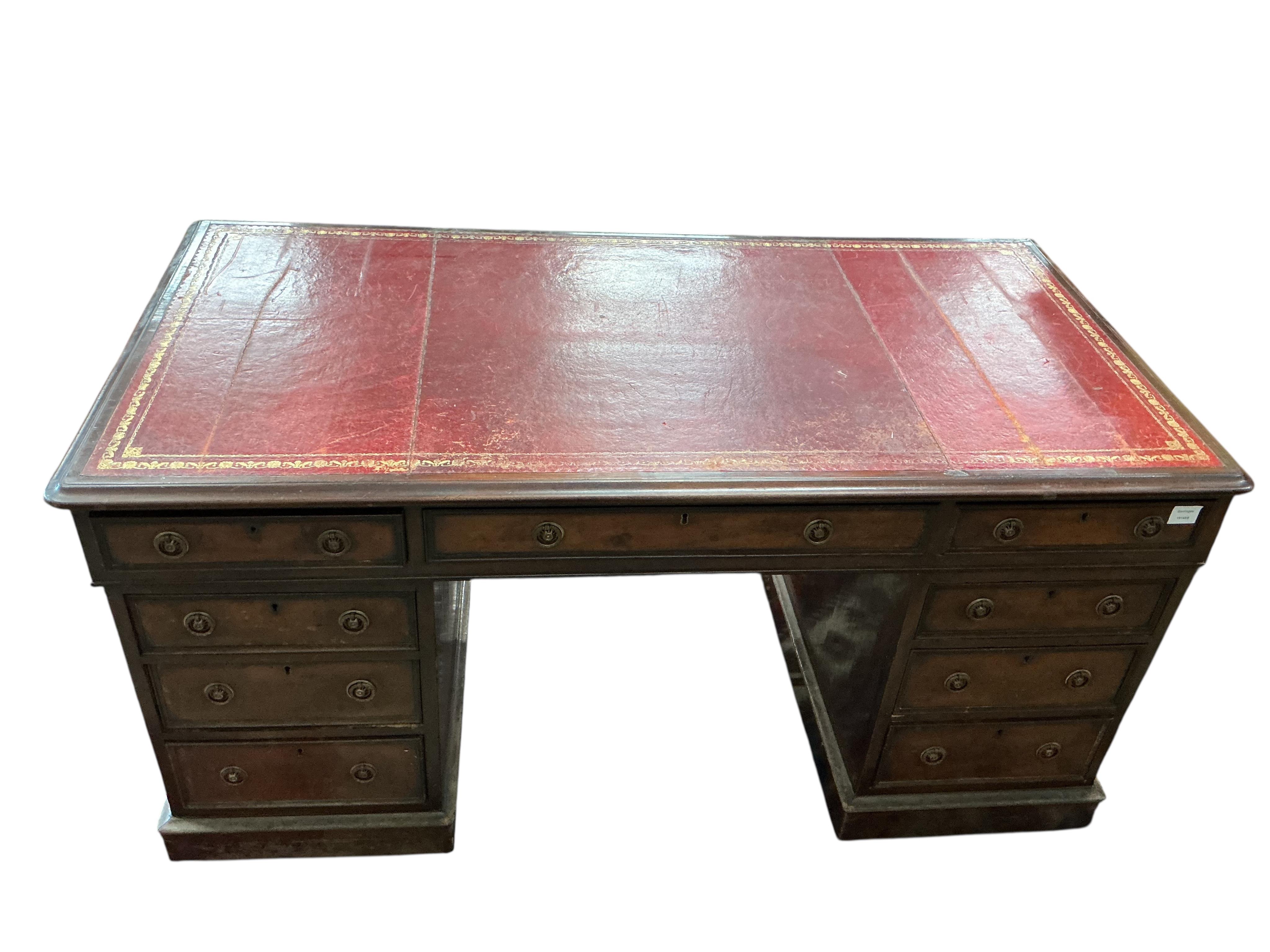 A Victorian mahogany pedestal desk, width 150cm, depth 78cm, height 79cm